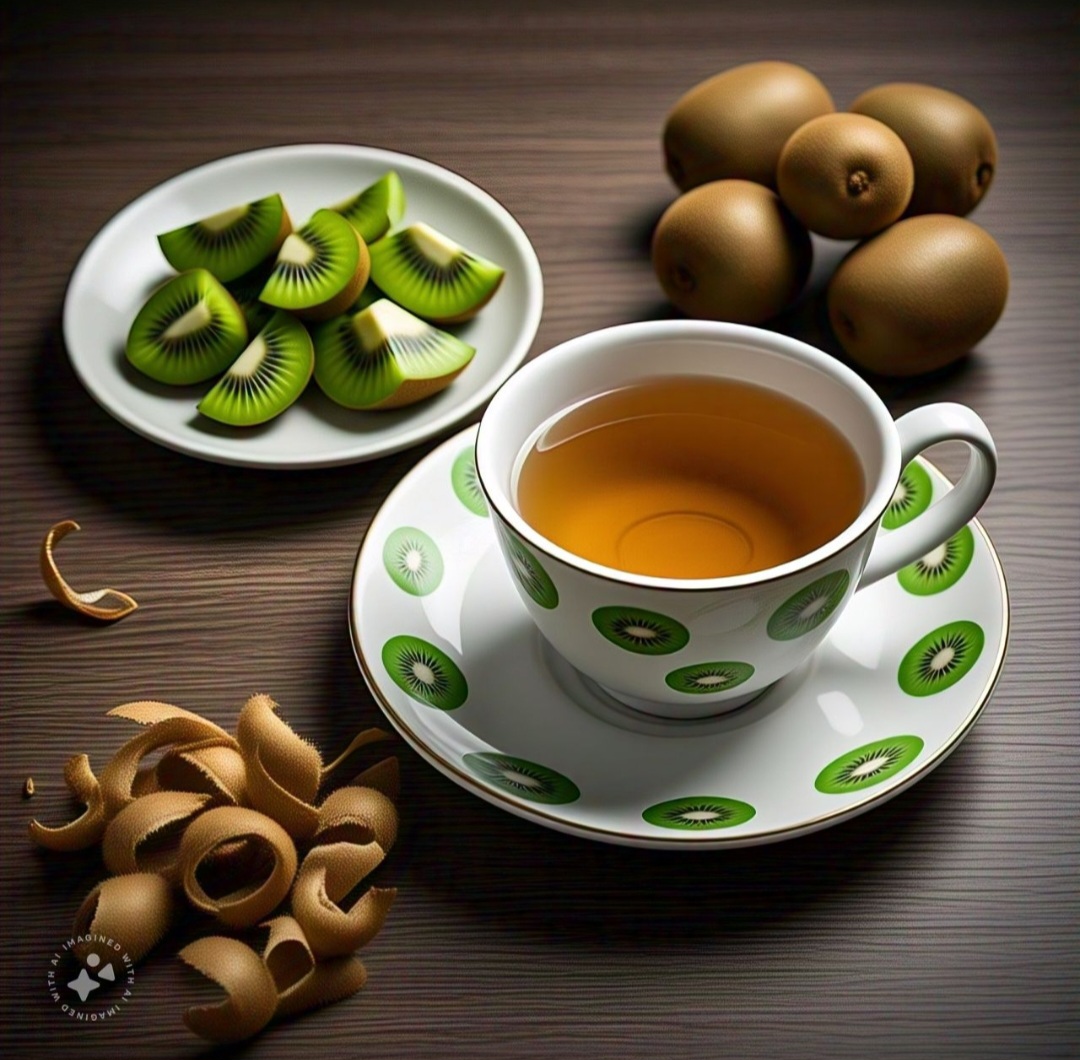 Casca de kiwi: Seu uso em sucos ajuda a melhorar a digestão e a saúde cardiovascular. Altamente rico em vitamina C, além de vitamina K e vitamina E. - Imagem gerada por i.a.