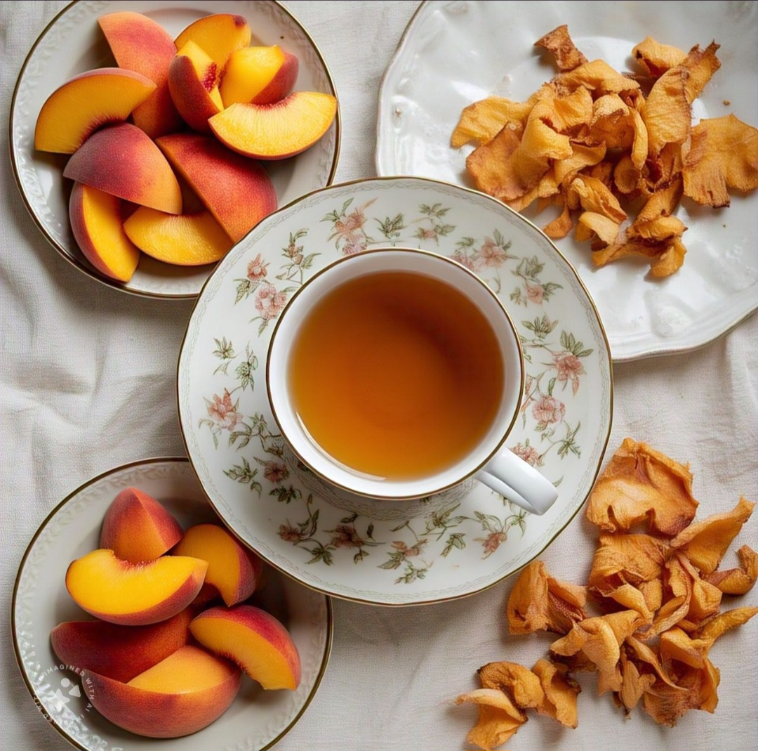 Casca de pêssego: Rica em antioxidantes e fibras, ajuda a melhorar a digestão e a saúde da pele. Contém vitamina A, vitamina C e pequenas quantidades de vitaminas do complexo B, como B3 e B6.
 - Imagem gerada por i.a.