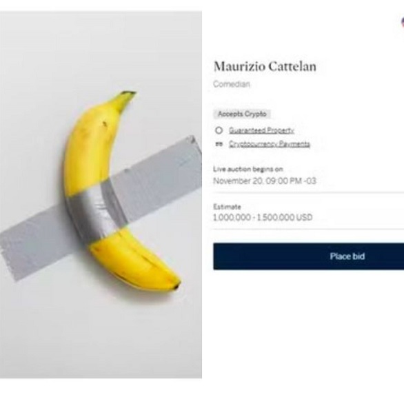 Batizada de "Comedian", a polêmica obra foi criada pelo artista italiano Maurizio Cattelan em 2019. Ela foi exposta originalmente no Art Basel, em Miami, e viralizou nas redes sociais por sua aparente simplicidade.-montagem/reprodução Sotheby's