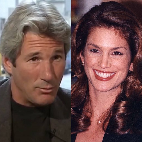 A vida amorosa de Gere foi agitada. Ele foi casado com a supermodelo Cindy Crawford de 1991 a 1995, um relacionamento que deu o que falar na época.-montagem/reprodução/wikimedia commons