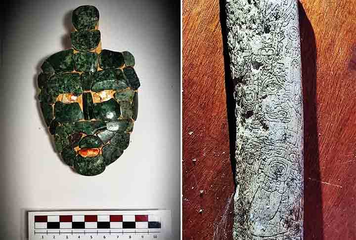 Máscara de alto valor - A tumba de um rei maia na cidade de Chochkitam, na Guatemala, continha uma máscara de jade repleta de ornamentos. Essa foi uma das descobertas de 2024 em relação à civilização maia. De acordo com os pesquisadores, esse tipo de máscara era elaborado para o sepultamento de membros da realeza. 
