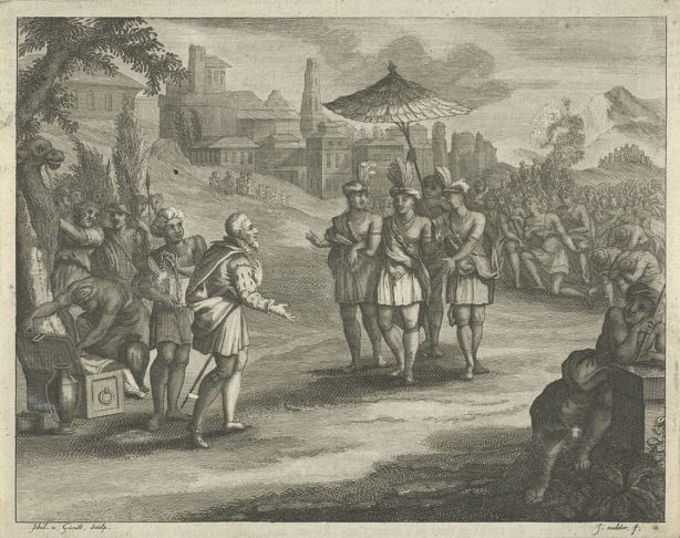 A queda foi precipitada por alianças de Cortés com povos indígenas que eram inimigos dos astecas, além de doenças trazidas pelos europeus, como a varíola. Após longa guerra, Tenochtitlán foi conquistada em 1521, e o domínio espanhol se estendeu por grande parte da América.-wikimedia commons Rijksmuseum