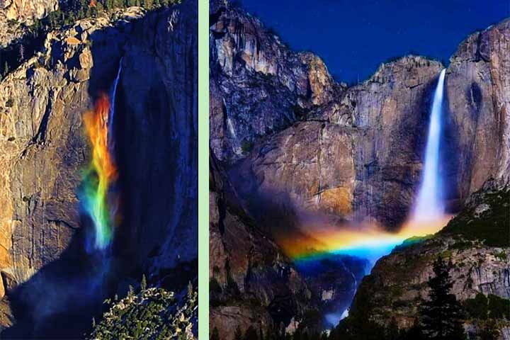 Parque Nacional de Yosemite - Cidade: Califórnia, EUA - As cachoeiras do parque, como a Bridalveil Fall, produzem uma névoa constante, especialmente durante a primavera, que, com a luz solar, frequentemente gera arco-íris espetaculares. Além disso, ocorre o fenômeno do "arco-íris lunar" em noites de lua cheia.