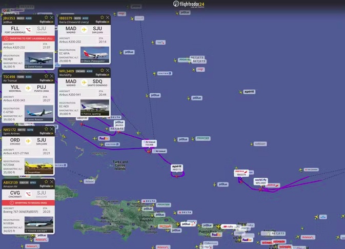 Pelo menos 20 voos comerciais precisaram ser desviados ou ter suas rotas alteradas, segundo o FlightRadar24.-reprodução/flightradar24