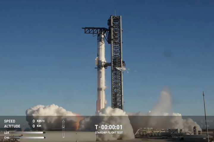 O lançamento ocorreu no Texas, às 19h38 (horário de Brasília). Assim como todos os anteriores, esse voo da Starship não era tripulado. -reprodução/spacex