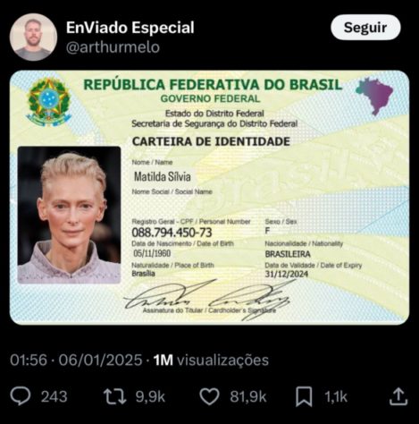 Tilda Swinton ganha carteira de identidade brasileira em meme nas redes sociais