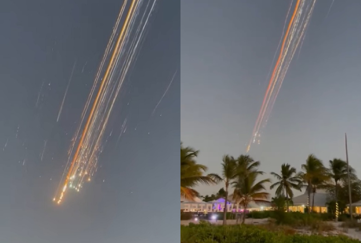 Imagens captadas pela Agência de Notícias Reuters mostram bolas de luz laranja deixando rastros de fumaça no céu de Porto Príncipe, no Haiti.-montagem/reprodução redes sociais