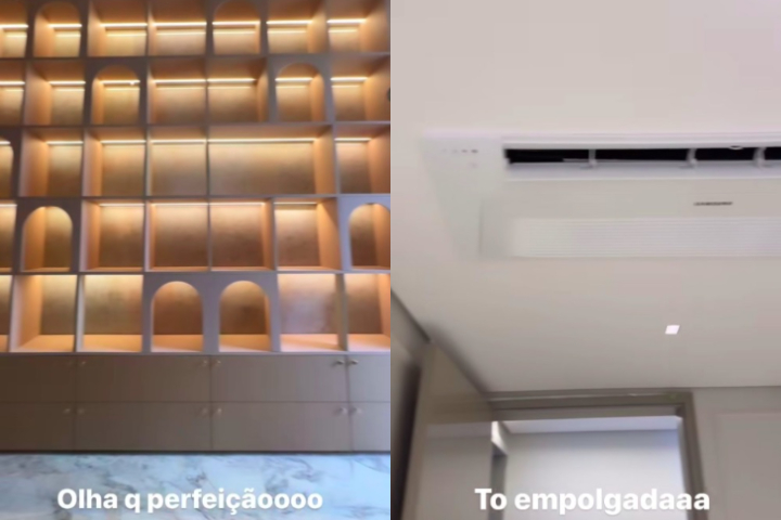A residência, que está em fase de acabamento, contará com um elevador na garagem, closets sofisticados e um escritório. Todos os ambientes são equipados com ar-condicionado embutido no teto.