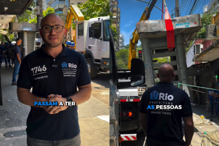 Montagem - Banca de jornal é removida de rua da Tijuca, no RJ