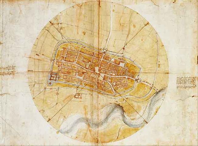 O mapa muito preciso de Imola de Leonardo da Vinci, criado para Cesare Borgia durante o Renascimento. - Imola cidade desenhada por Leonardo da Vinci - Leonardo da Vinci/Wikimédia Commons