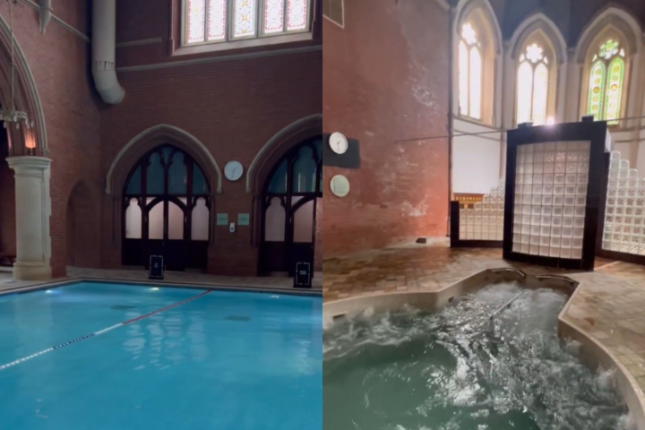 No seu interior, há uma piscina de 24 metros, além de chuveiros, uma banheira de hidromassagem e até uma sauna, que antes era o confessionário da capela.