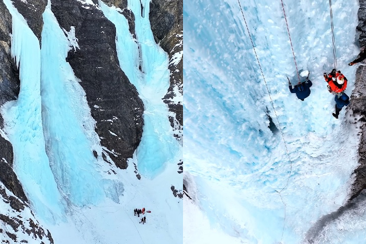 Cachoeira congelada: O influenciador e seus amigos foram deixados de helicÃ³ptero para escalar uma enorme cachoeira de gelo na Europa (o local exato nÃ£o foi revelado). Um deles acabou desistindo no meio do caminho.