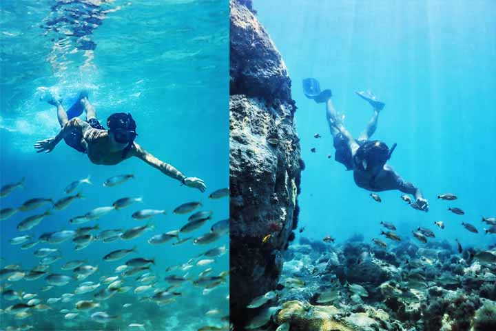 Já o snorkel é ideal para iniciantes e pode ser feito em praias como a do Forno ou nas Prainhas do Pontal. A boa visibilidade e a diversidade de espécies garantem uma experiência fascinante para quem deseja visitar o fundo do mar. - Reprodução do Instagram @divertrip.arraial
