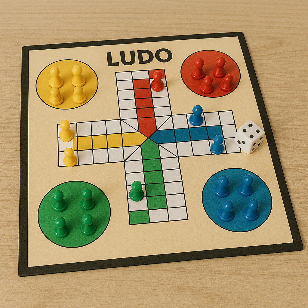 Ludo – Jogo de percurso, onde cada jogador tenta levar suas peças até a "casa" final antes dos adversários.