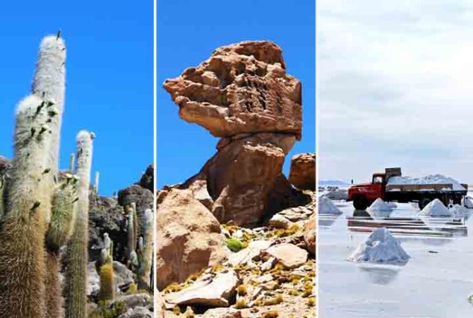 Detalhes do esplêndido Salar de Uyuni, monumento natural que tem formações curiosas