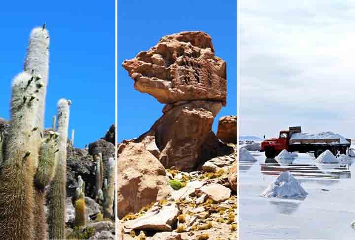 Detalhes do esplêndido Salar de Uyuni, monumento natural que tem formações curiosas
