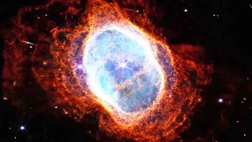 A Nebulosa do Anel do Sul - Imagem de duas estrelas - uma mais brilhante que a outra - localizadas no centro de uma nebulosa (imensa nuvem de gás e poeira espacial).
