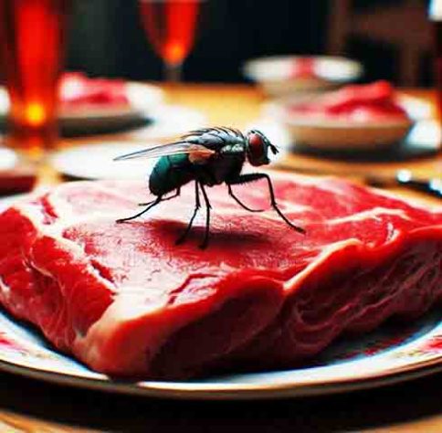 Mosca pousando na carne crua