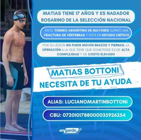Matías Bottoni - Nadador argentino de 17 anos fica paraplégico após se chocar com outro atleta