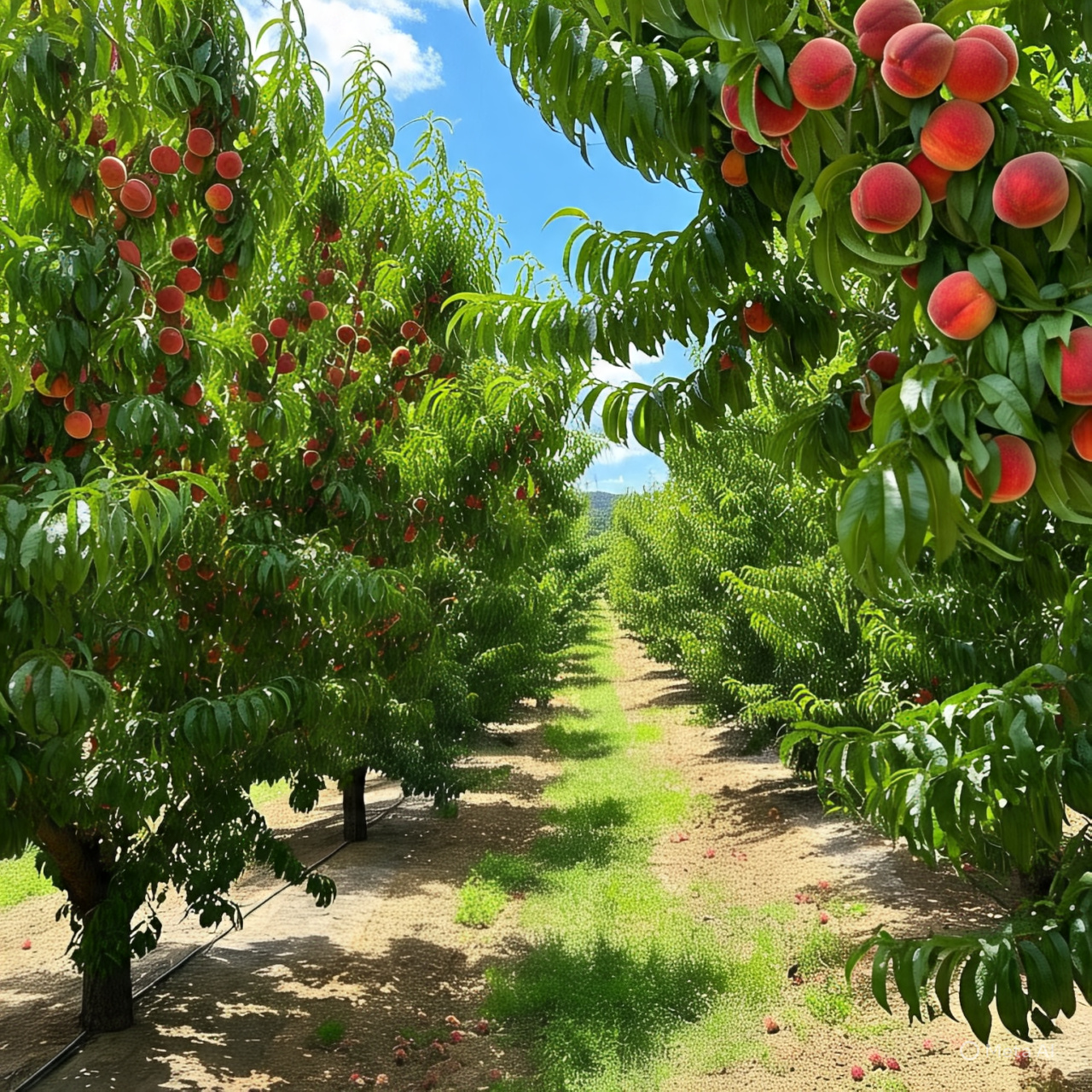 O pessegueiro (Prunus persica) é uma árvore decídua, nativa da China e sul da Ásia, de folhas alternas e serreadas, flores roxas e drupas pubescentes, comestíveis e com propriedades aperitivas e digestivas. -Imagem gerada por i.a 