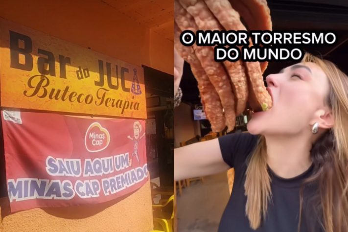 Montagem - Bar de Belo Horizonte viraliza com torresmo gigante de 2 metros e self-service de cachaça