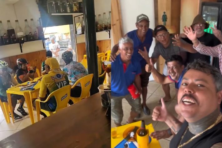 Montagem - Bar de Belo Horizonte viraliza com torresmo gigante de 2 metros e self-service de cachaça