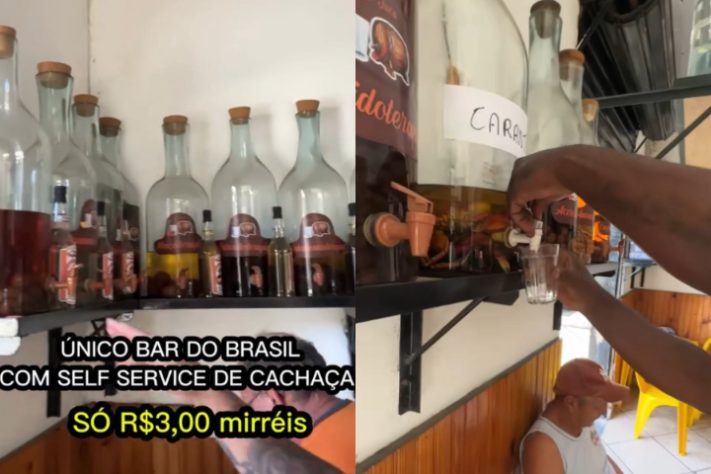 Montagem - Bar de Belo Horizonte viraliza com torresmo gigante de 2 metros e self-service de cachaça