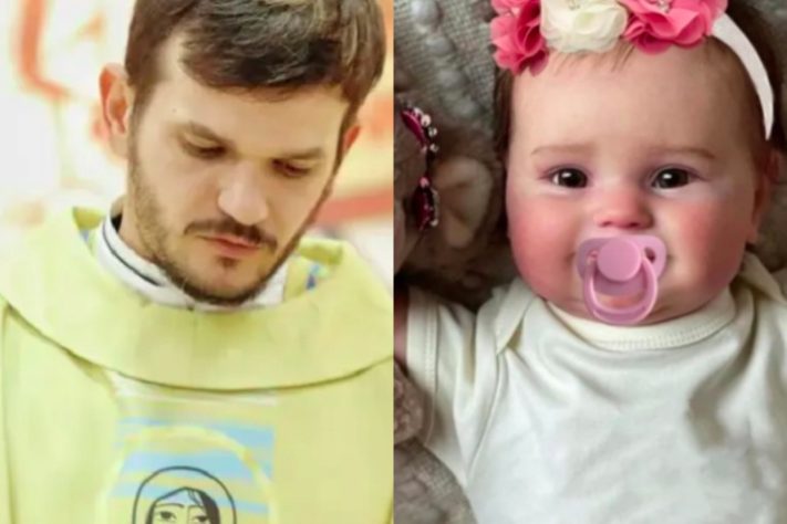 Montagem - Padre Patrick Fernandes e bebê reborn