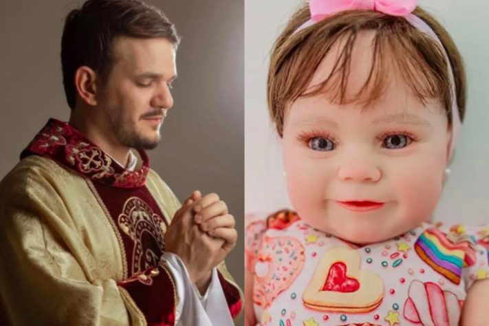 Montagem - Padre Patrick Fernandes e bebê reborn