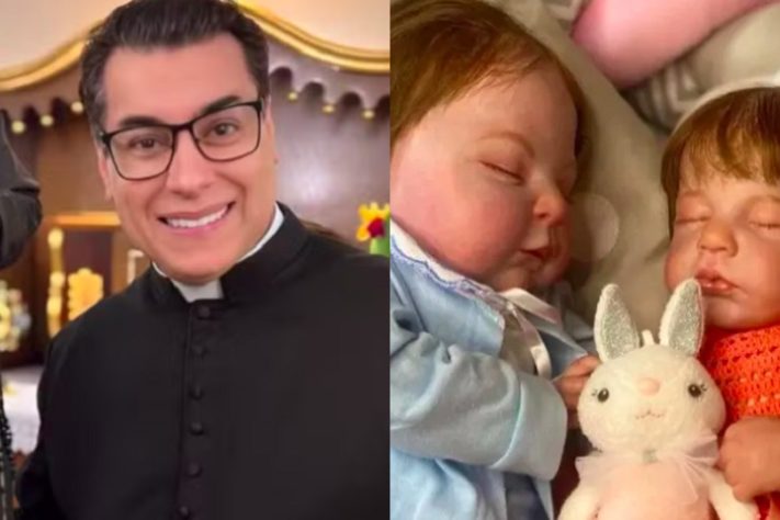 Montagem - Padre Chrystian Shankar e bebês reborn