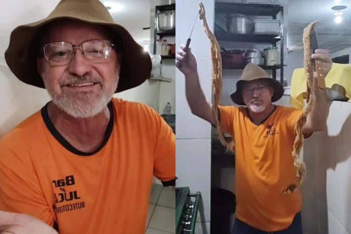 Montagem - Bar de Belo Horizonte viraliza com torresmo gigante de 2 metros e self-service de cachaça