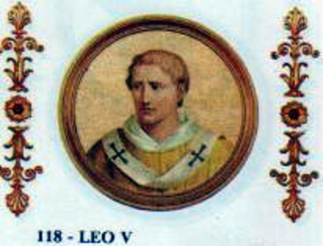 Papa Leão V (n. ? – m. 903) - Pontificado breve em 903. Nascido em Ardea, Itália, reinou apenas cerca de um mês antes de ser deposto e assassinado.
-Domínio público