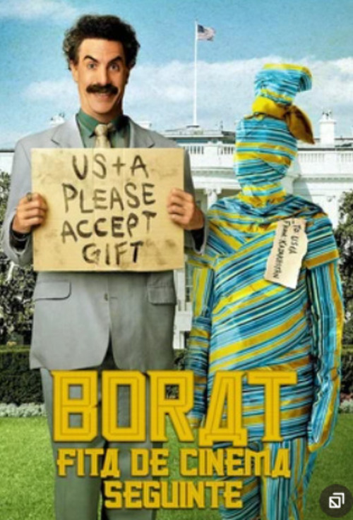 Borat: Fita de Cinema Seguinte (2021)- Dirigido por Jason Woliner, estrelado por Sacha Baron Cohen e Maria Bakalova.
Nesta sequência satírica, Borat retorna aos EUA para oferecer sua filha como presente a figuras políticas, expondo absurdos culturais e políticos com humor provocativo. 