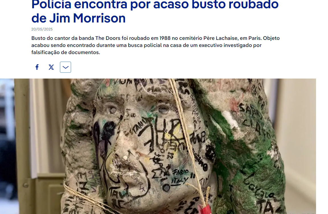 Pra quem não viu: Polícia acha escultura roubada do túmulo de Jim Morrison
