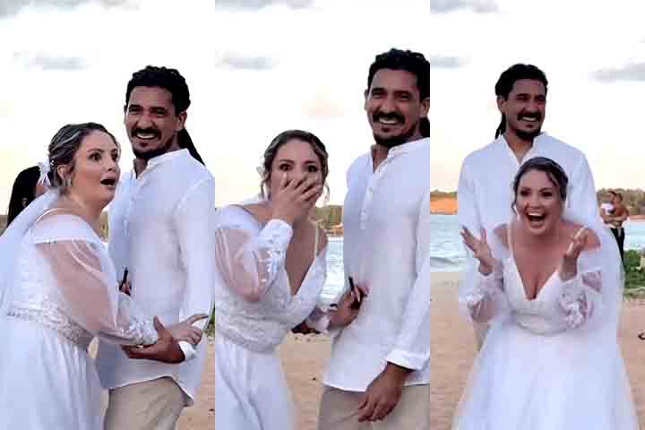 No momento em que o casal Bruno e Jéssica assinava os documentos da união civil, Matheus aproximou-se e começou o show improvisado. A noiva reconheceu a voz do cantor, virou-se para ele e começou a cantar também.
-Reprodução de vídeo redes sociais