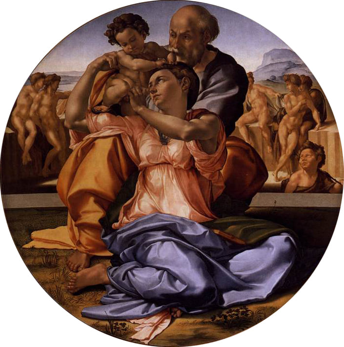 “A Sagrada Família” de Michelangelo Buonarroti, datada de 1506, no estilo renascentista, apresenta uma cena religiosa com vigor escultural nas figuras. É a única obra do artista sobre madeira ainda preservada.-Domínio público 