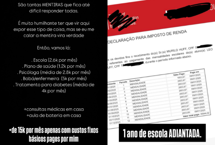 Em uma sequÃªncia de stories, o cantor exibiu recibos e detalhou os gastos mensais que tem com o menino. "NÃ£o estou aqui para atacar ninguÃ©m, mas nÃ£o posso permitir que falem tantas mentiras a meu respeito", escreveu.
