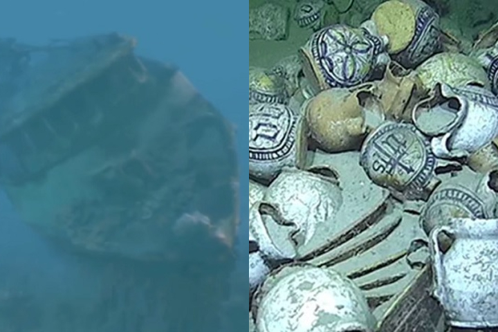 Montagem - Arqueólogos descobrem navio mercante do século 16 no fundo do Mar Mediterrâneo