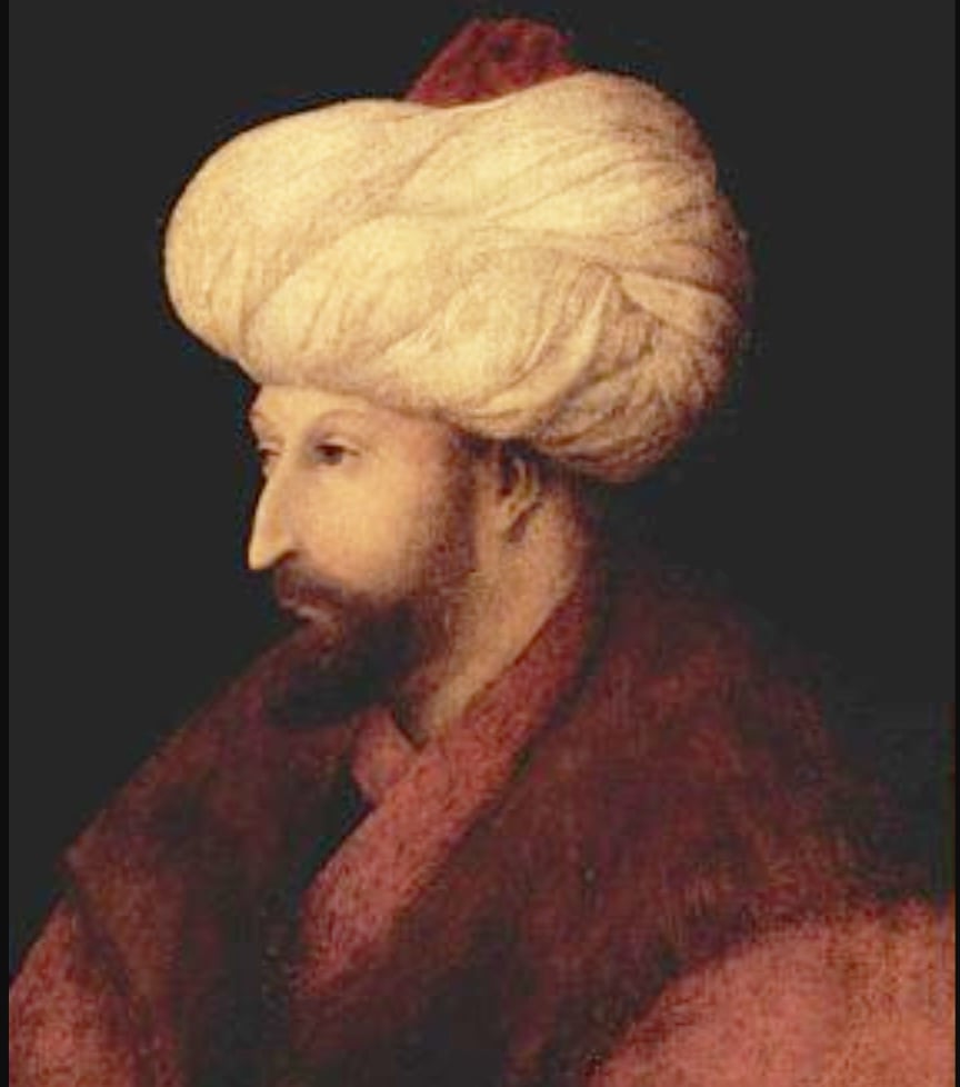 “Retrato do Sultão Mehmed II” de Gentile Bellini, de 1480 no estilo veneziano, apresenta o líder otomano com nobreza e dignidade. É um marco do encontro cultural entre o Ocidente e o mundo islâmico.-Domínio público 