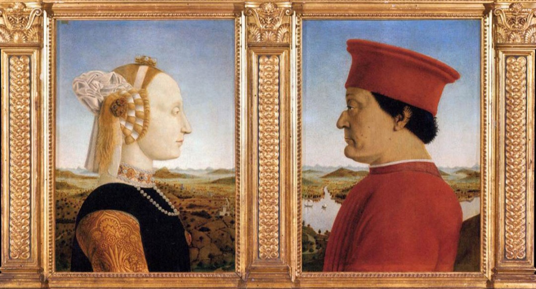 Retrato do Duque de Urbino e da Duquesa” de Piero della Francesca, feito por volta de 1472 no estilo renascentista, representa o casal em perfil. É célebre pelo equilíbrio geométrico e refinamento.-Domínio público 