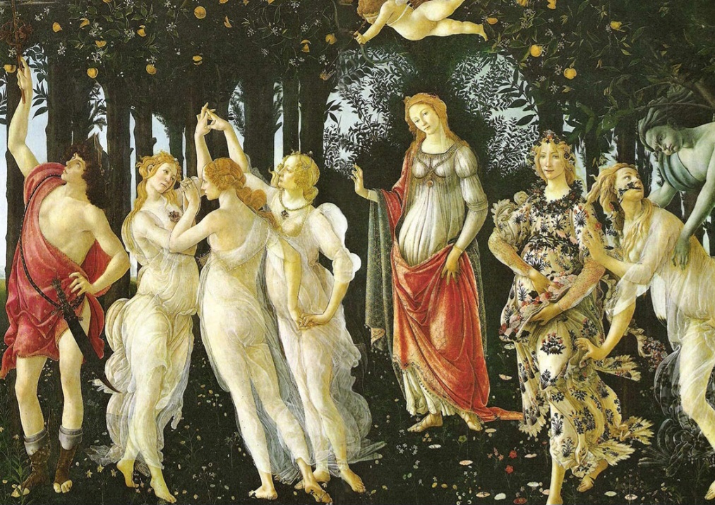 A “Primavera” de Sandro Botticelli, criada por volta de 1482, no estilo renascentista, representa uma alegoria da fertilidade e do amor com figuras mitológicas. A obra encanta pelo equilíbrio e simbolismo das formas.-
