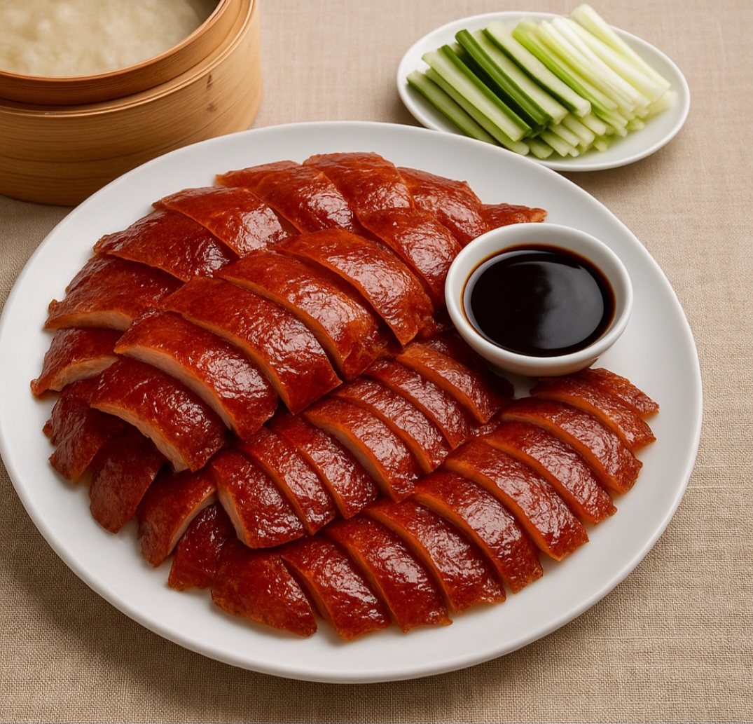 O pato laqueado verdadeiro é um prato sofisticado e tradicional da alta gastronomia chinesa. Exige preparo cuidadoso com a pele ficando crocante e a carne macia, sendo servido com panquequinhas, cebolinha e molho hoisin. -Imagem gerada por i.a 