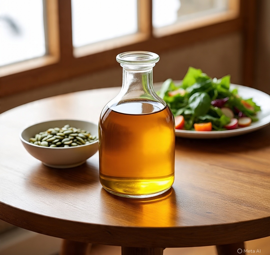 Óleo de semente de abóbora é extraído a frio e usado como suplemento e tempero. Tem sabor suave e pode ser usado em saladas ou finalizações de pratos.