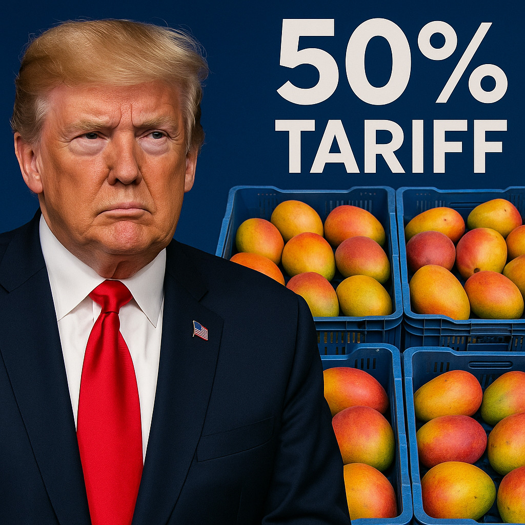 A tarifa de 50% imposta pelo presidente dos Estados Unidos, Donald Trump, sobre vários produtos de importação atingiu em cheio as frutas brasileiras. E a manga é uma das que mais amadurecem nesta época do ano, sendo propícias para a comercialização. -imagem gerada por i.a