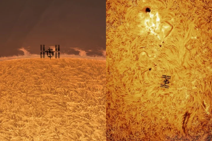 Fotógrafo faz registro impressionante de estação espacial em frente à erupção solar
