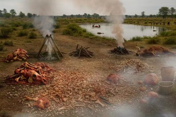 Reconstrução gráfica das atividades em fábrica de gordura dos neandertais