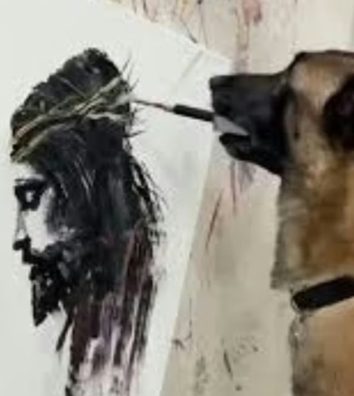 O cão de seis anos se  chama Monkey e seu trabalho que mostra a face de Jesus causou espanto e emoção. Quem vê a tela imagina que alguém pelo menos deu começo às pinceladas. E o cachorro fez uma ou outra.