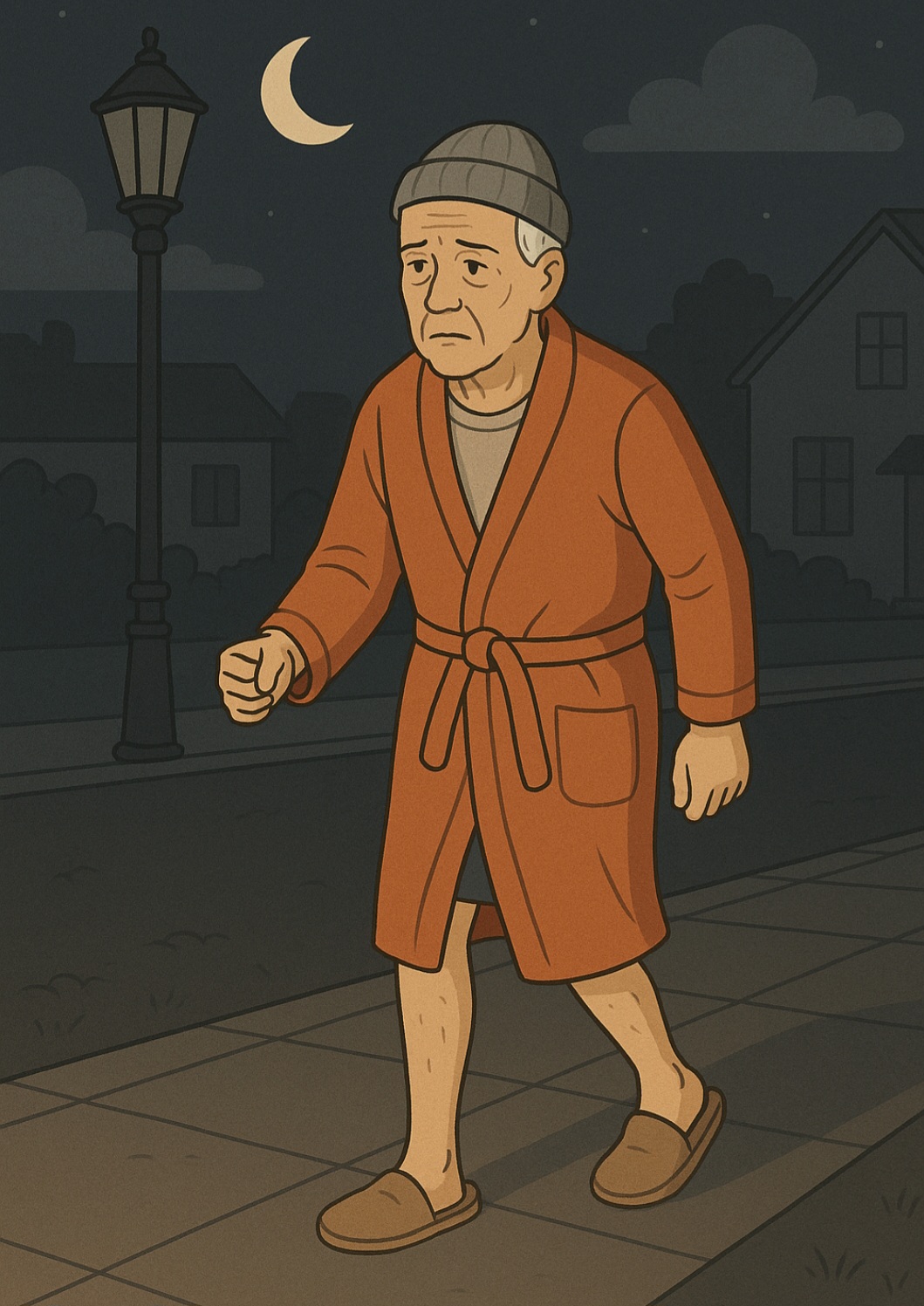 Julgamento prejudicado: Passa a tomar decisões arriscadas ou impróprias, como sair sozinho à noite ou vestir roupas inadequadas ao clima.-Imagem gerada por i.a 