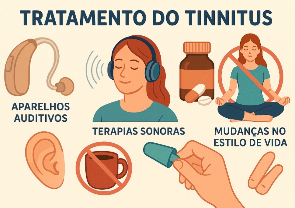 O tratamento depende da causa e pode envolver o uso de aparelhos auditivos, terapias sonoras, medicamentos ou mudanças no estilo de vida, como evitar cafeína, reduzir o estresse e proteger os ouvidos contra sons intensos.