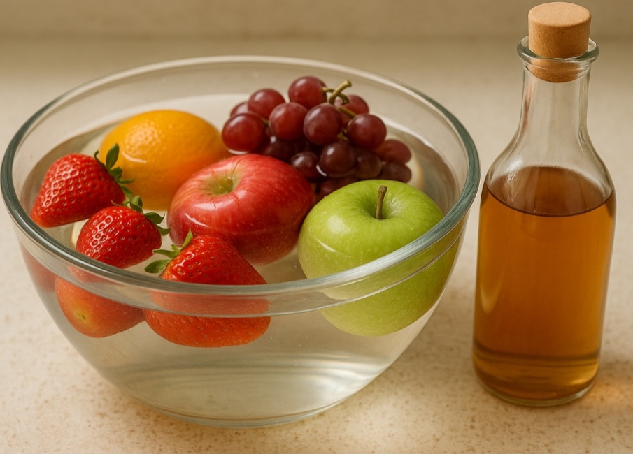 Para desinfetar frutas e legumes, basta deixá-los de molho em água com vinagre. Isso reduz resíduos e elimina parte de microrganismos.
